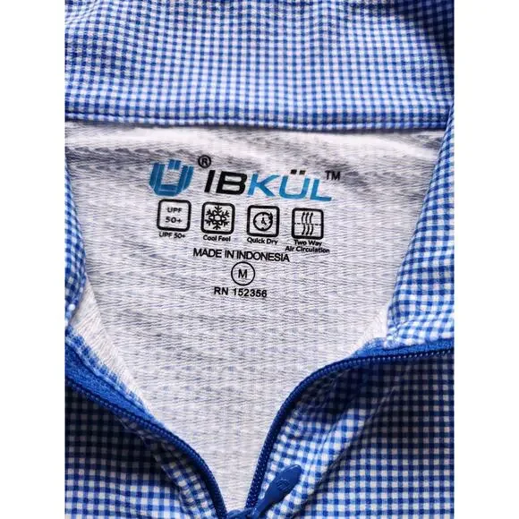 Ibkul Blue Mini Check Gingham Long Sleeve Mock Neck Top Size M Golf Pickleball - Picture 6 of 8